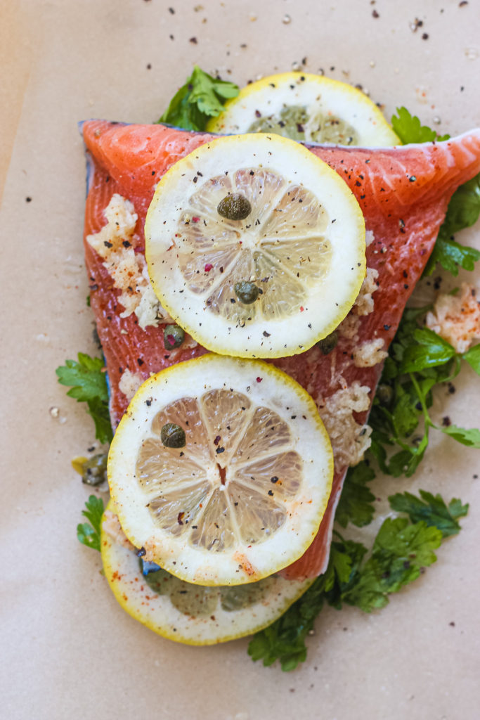 Lemon Butter Capers Salmon Baked in Parchment Paper Fig & Olive Platter