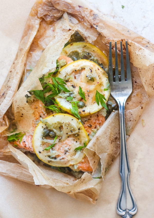Lemon Butter Capers Salmon Baked in Parchment Paper