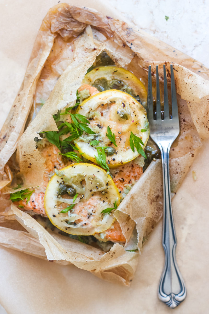 Lemon Butter Capers Salmon Baked in Parchment Paper